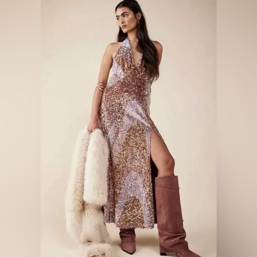 Free People Glitter & Gold Midi Dress in Sweetheart combo- size XL